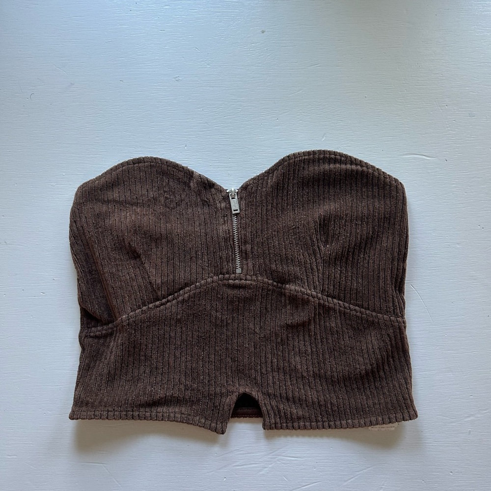 S Brown Bershka courderoy zipper top.